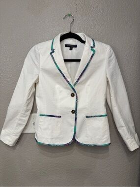 Brooks Brothers 346 White Seersucker Madras Plaid Trim Blazer Women’s Preppy